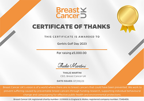Breast Cancer UK - Gerbils Golf Society Fundraising Certificate 2023